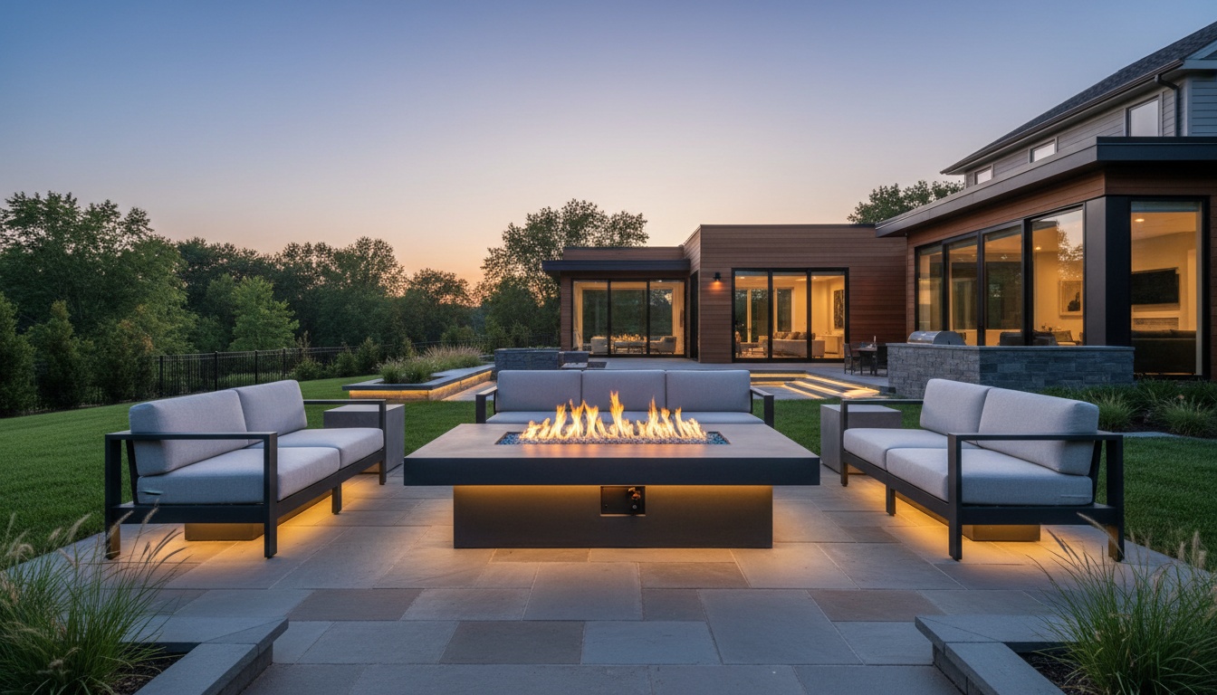 Modern rectangular gas fire table with blue fire glass flanked by outdoor sofas on a bluestone patio at twilight
