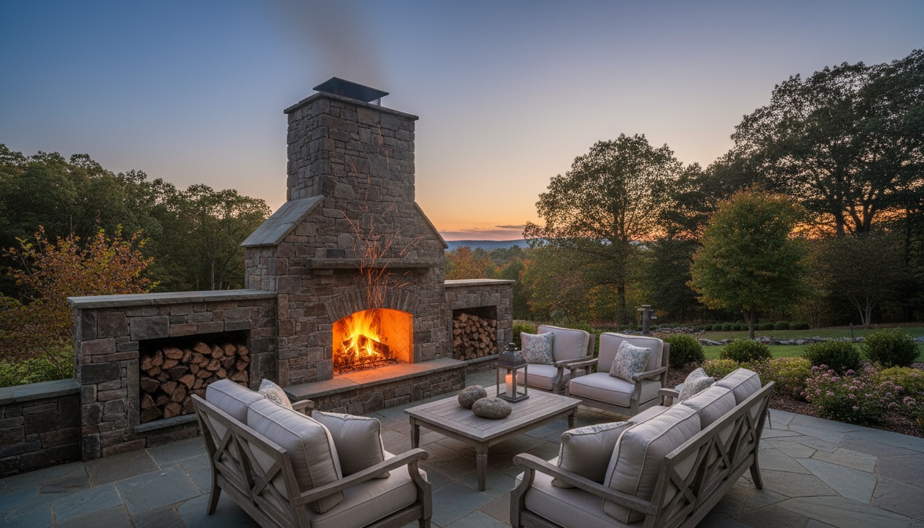 Large outdoor stone masonry fireplace with chimney and crackling wood fire, flanked by built-in wood storage