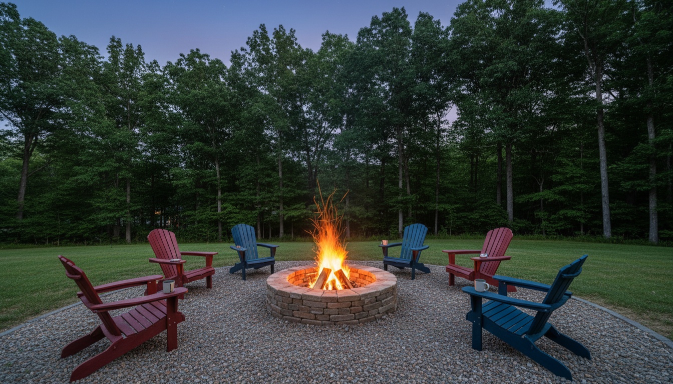 Circular stacked fieldstone fire pit with crackling fire surrounded by a gravel pad and Adirondack chairs in a Virginia backyard at dusk