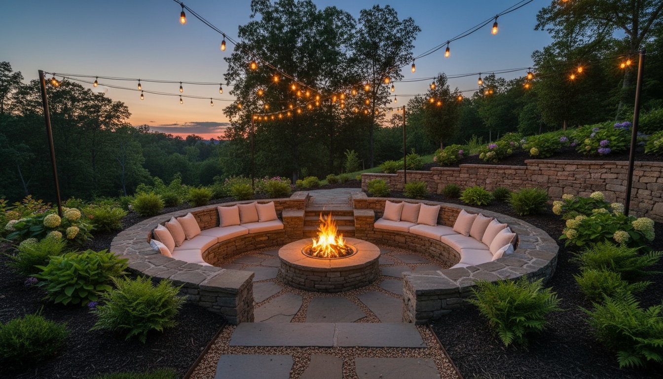 Sunken fire pit lounge with built-in stone bench seating and retaining walls, lit by firelight on a Virginia evening