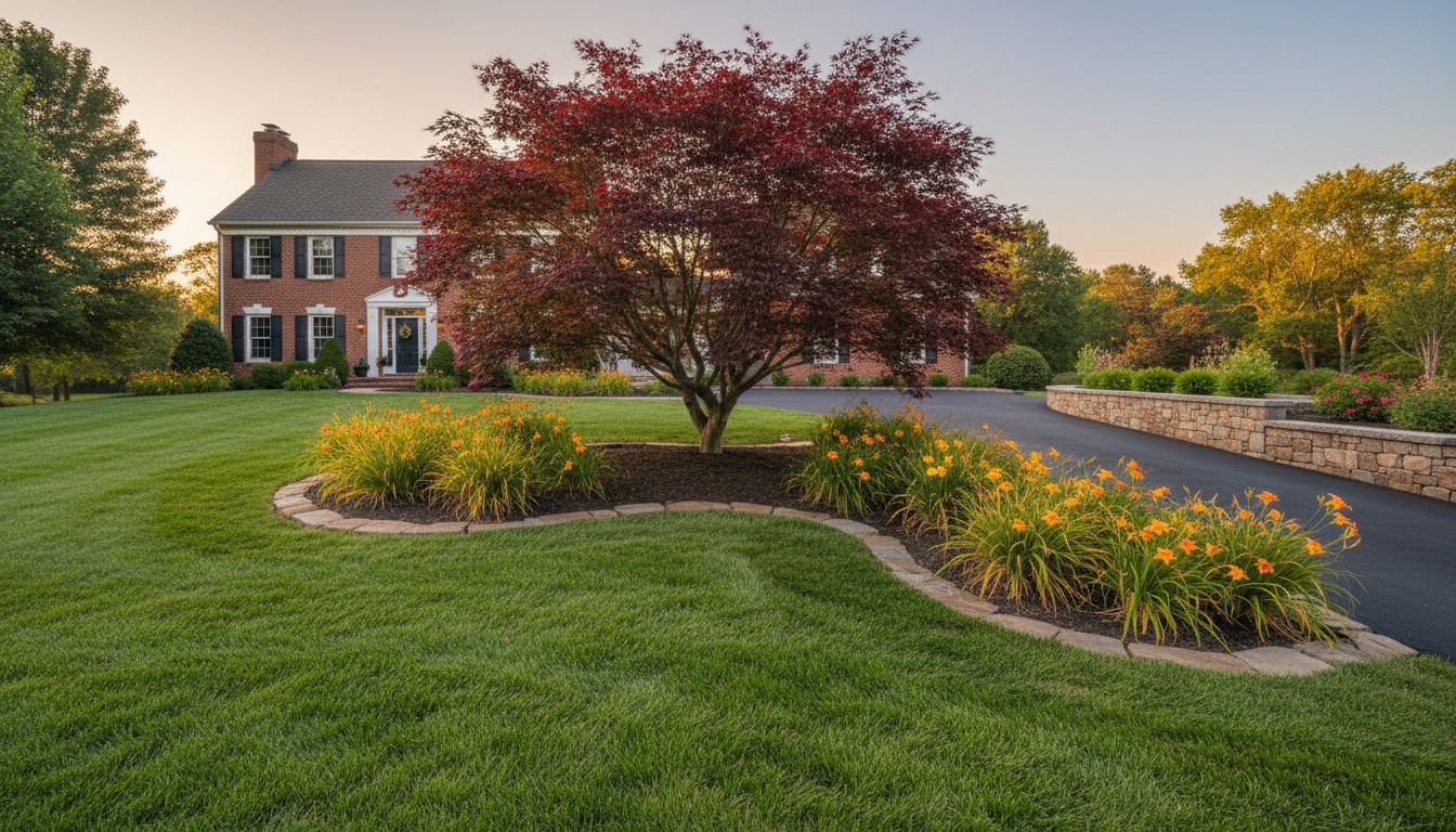 Beautifully lit front yard at dusk with uplighting on specimen trees, path lights along walkway, and wash lighting on the home facade