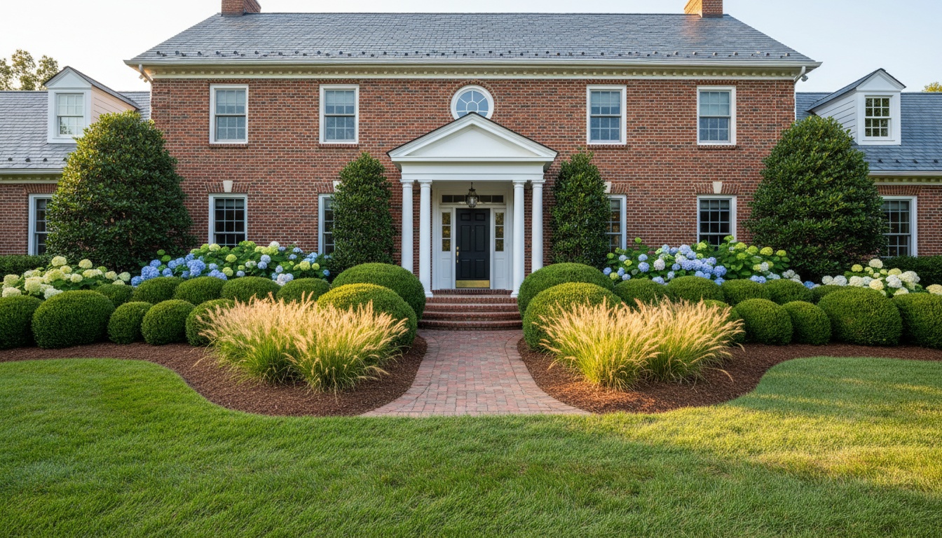 Layered foundation planting with evergreen shrubs, ornamental grasses, and flowering perennials along the front of a Virginia colonial home
