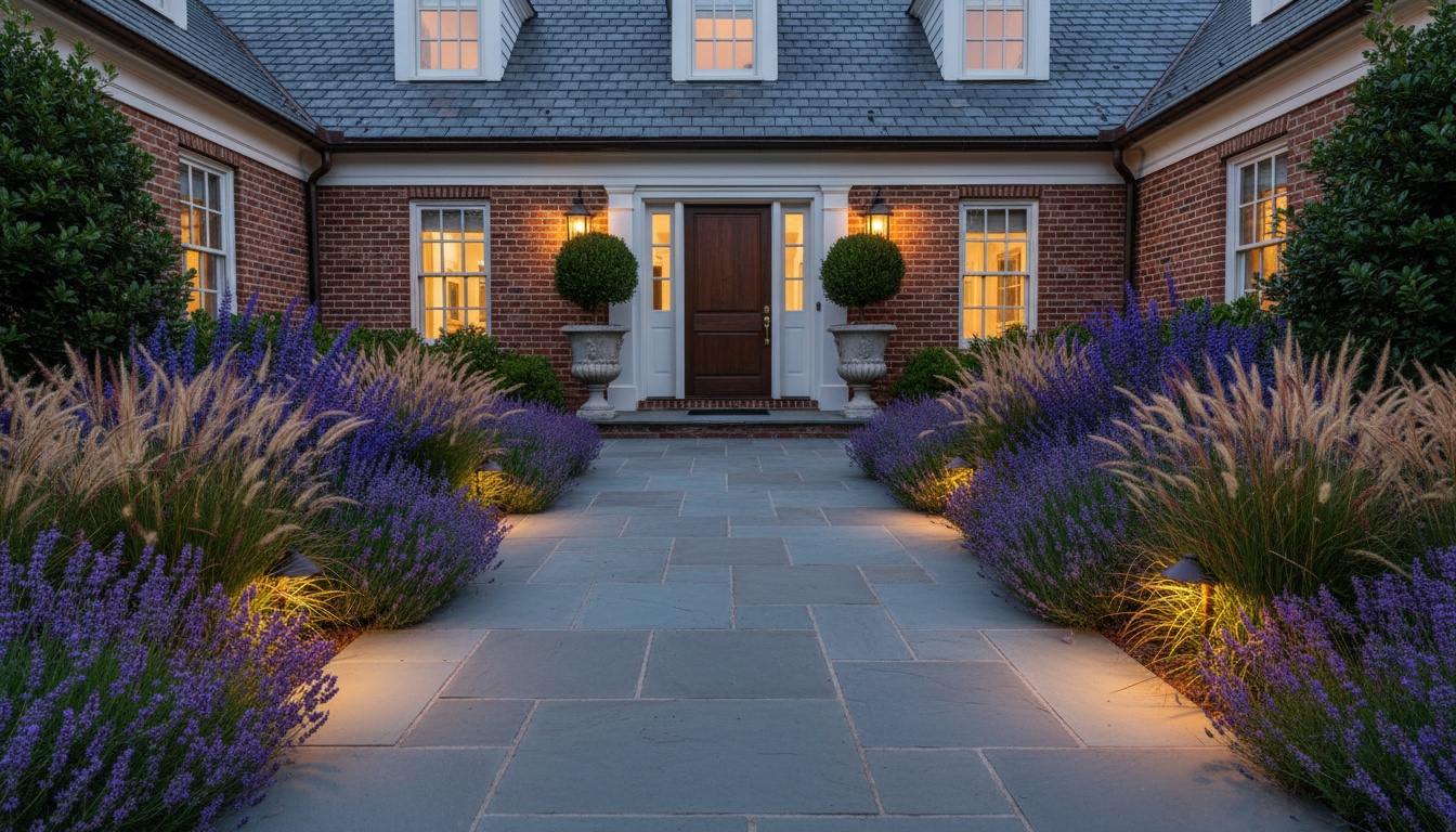 Bluestone walkway flanked by perennial borders leading to a front porch with seasonal containers in a Charlottesville neighborhood