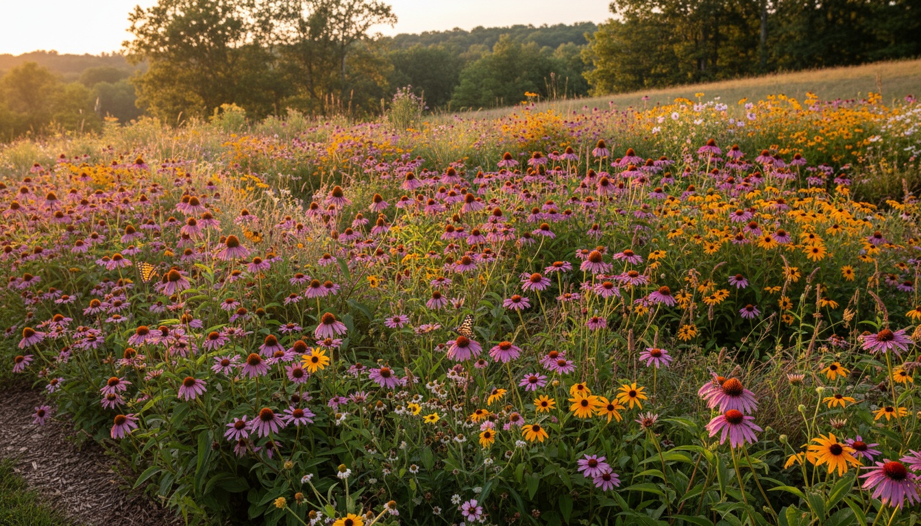 Virginia native perennial garden with purple coneflowers and black-eyed Susans in full bloom, butterflies visiting at golden hour