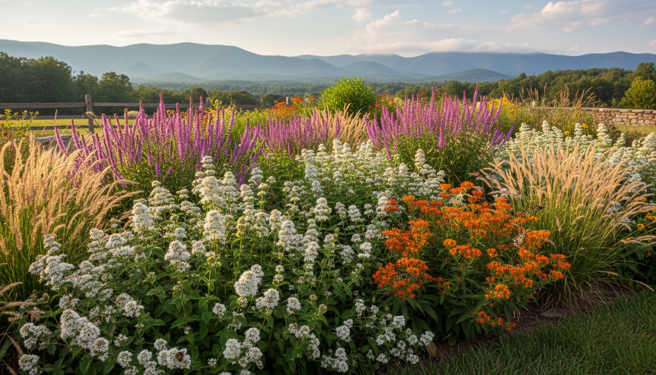 Native plant pollinator garden border with mountain mint, blazing star, butterfly weed, and ornamental grasses with visiting pollinators