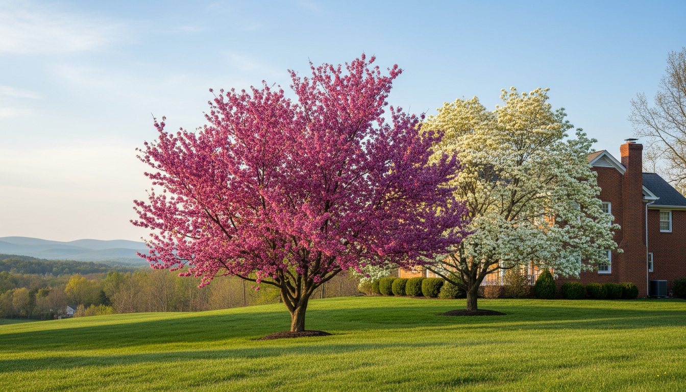 Eastern redbud in full magenta bloom alongside white flowering dogwood in a Virginia residential landscape