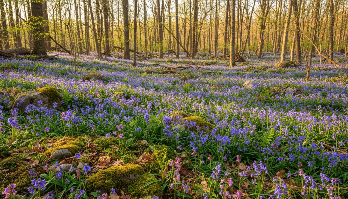 Virginia bluebells blooming in a deciduous woodland with dappled spring sunlight and emerging ferns
