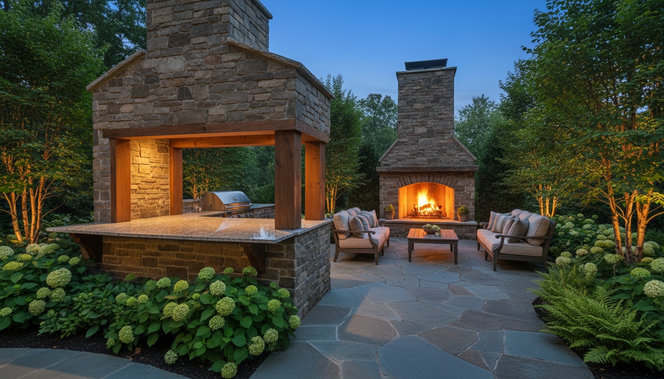 Outdoor kitchen with adjacent stone fireplace, built-in seating, and flagstone patio in a Virginia backyard entertaining space