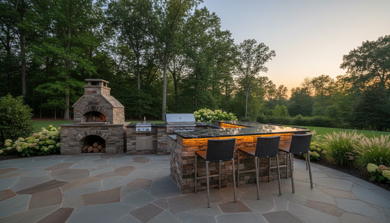 L-shaped outdoor kitchen island with stainless steel grill, granite countertop, and stone veneer base on a bluestone patio in Virginia