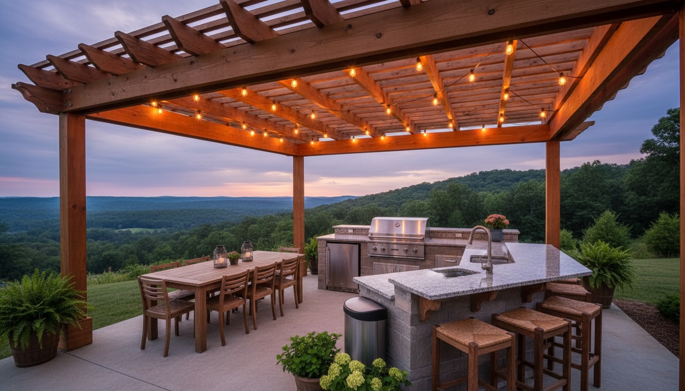 Outdoor kitchen with granite countertops under a cedar pergola with string lights, overlooking a landscaped Virginia backyard at dusk