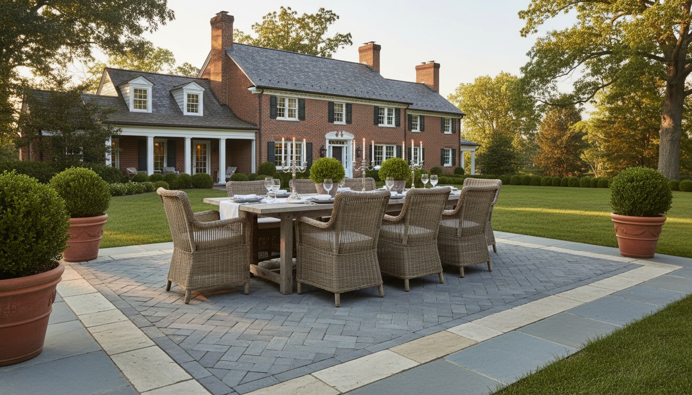 Pennsylvania bluestone patio in herringbone pattern with contrasting stone border and outdoor dining setup at a Virginia colonial home