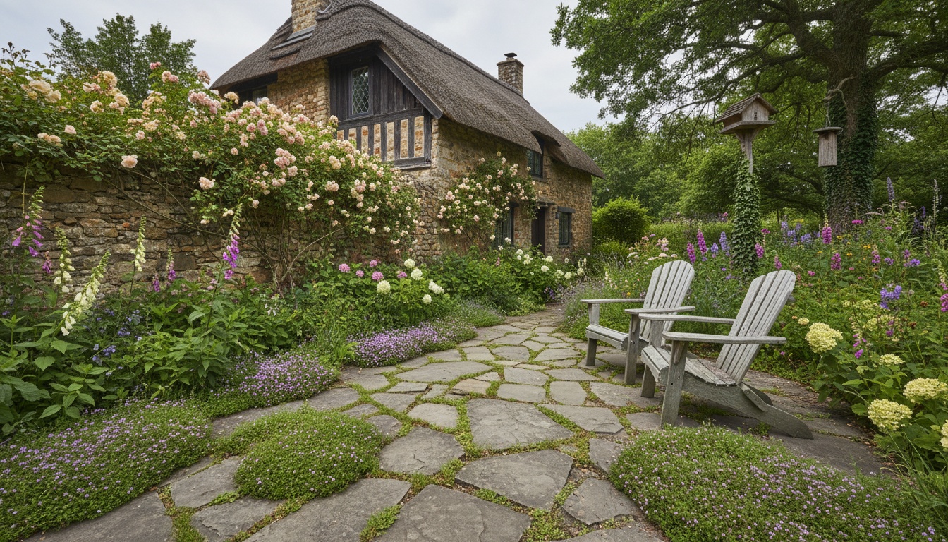 Irregular flagstone patio with creeping thyme growing between joints in a rustic Virginia cottage garden setting