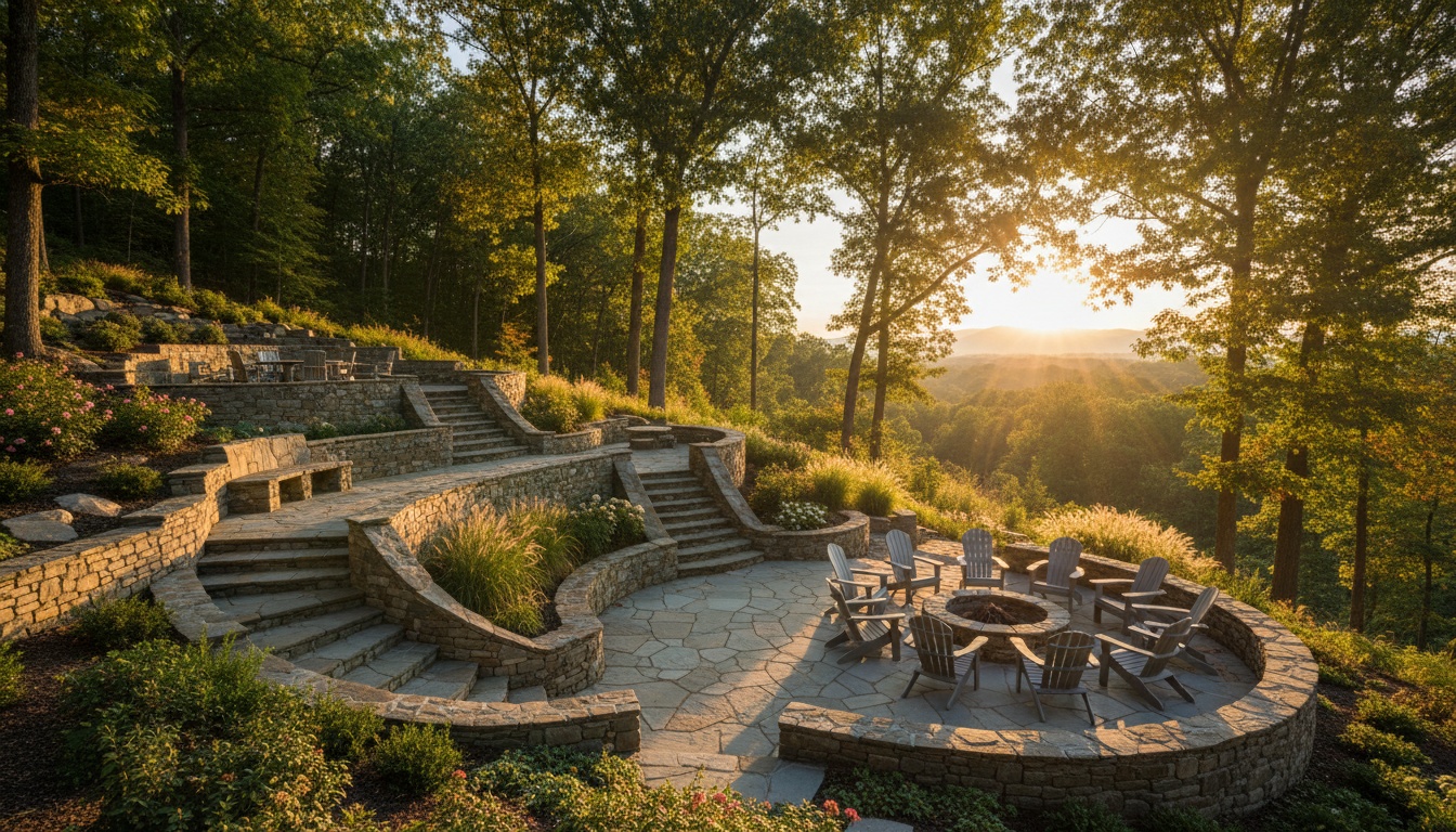 Multi-level terraced stone patio stepping down a hillside with stone retaining walls, integrated steps, and a fire pit on the lower level