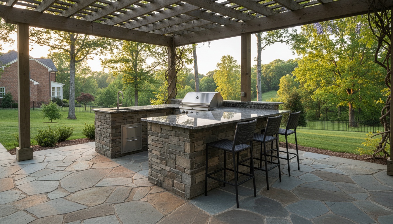 Stone patio with built-in outdoor kitchen island, granite countertop, stainless steel grill, and bar stools under a covered pergola