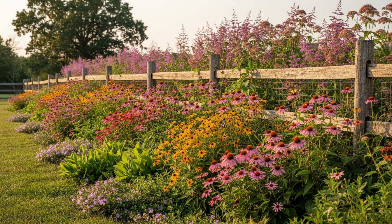 Designed pollinator garden border with layered native plants in drifts, showing spring through fall bloom succession in a Virginia residential landscape