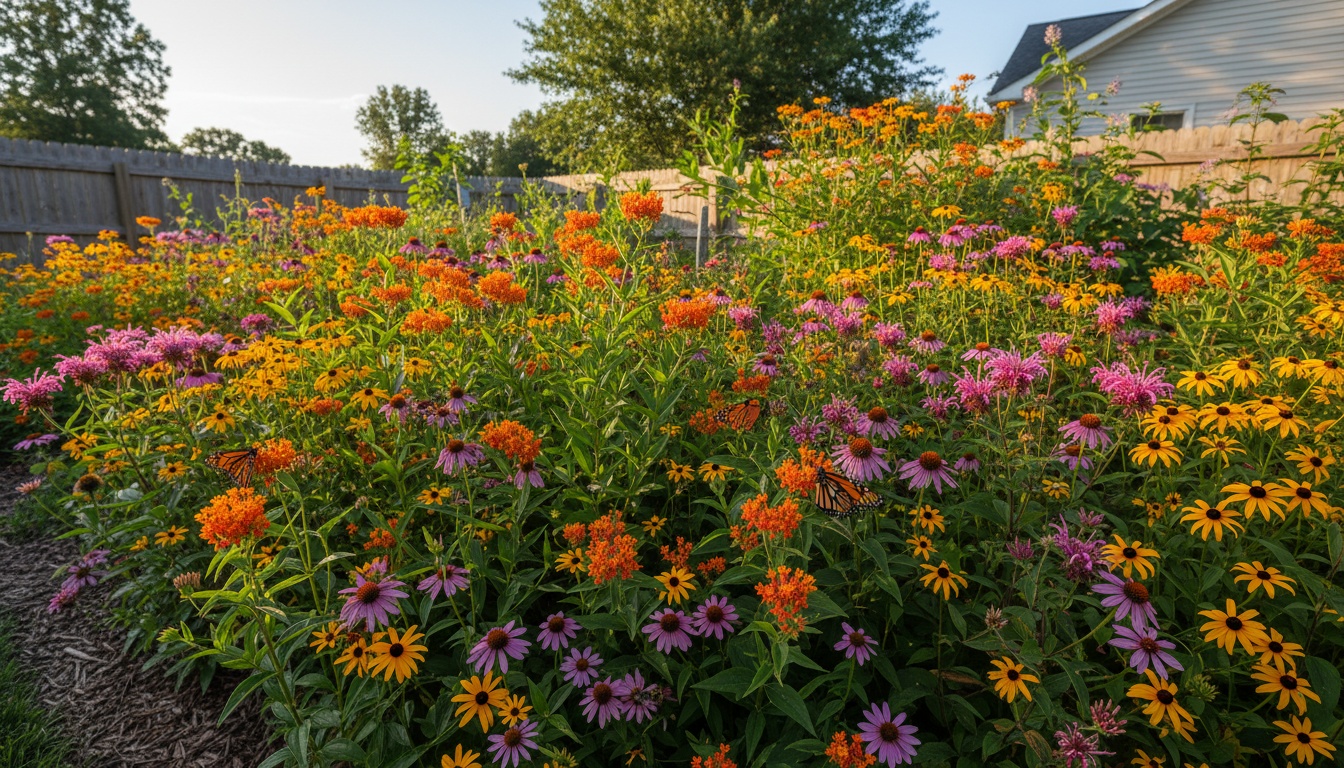 Eastern tiger swallowtail butterfly visiting native purple coneflowers and butterfly weed in a Virginia pollinator garden in summer