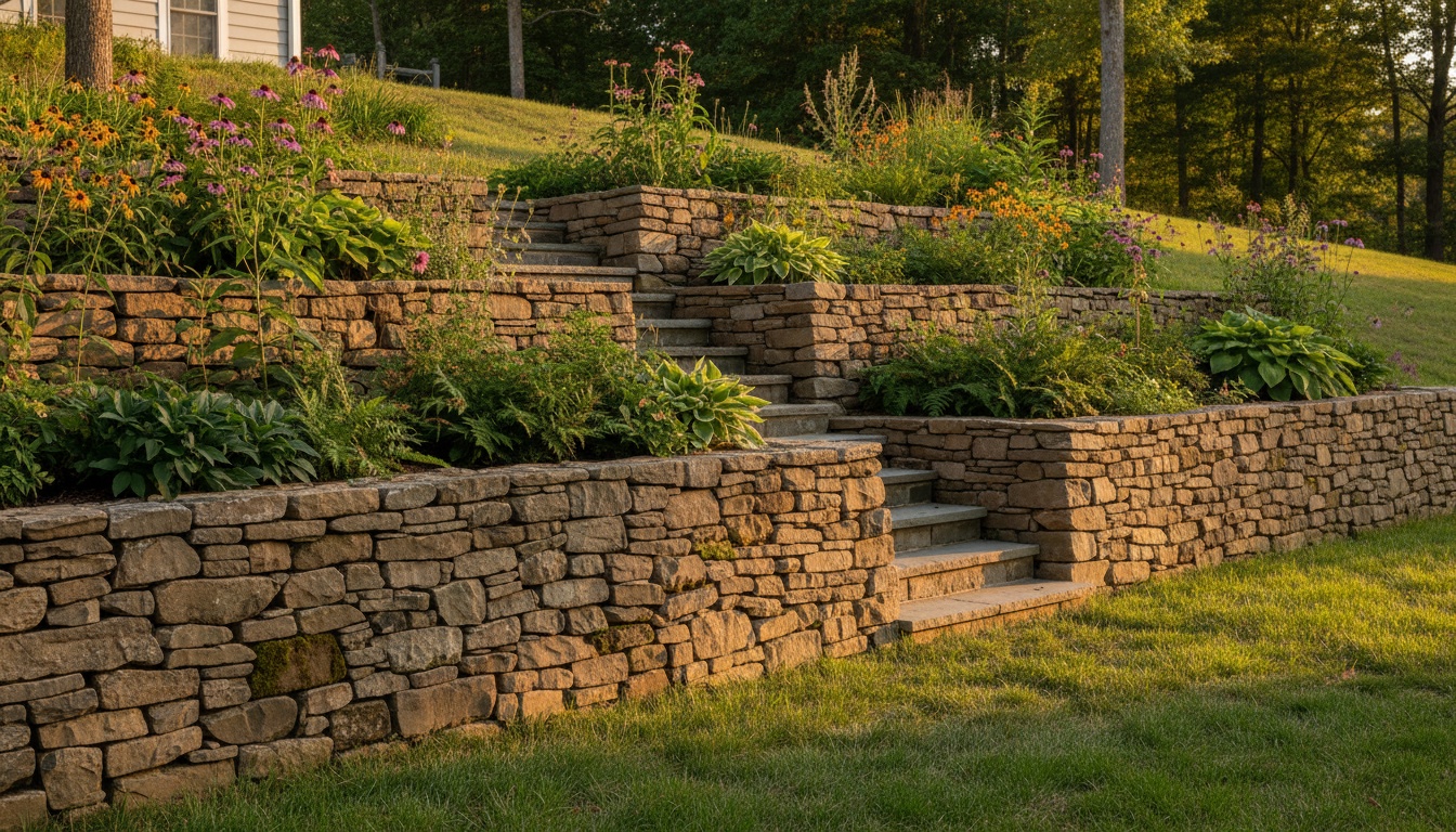 Natural fieldstone retaining wall with dry-stacked construction on a Virginia hillside, with native plantings cascading over the top edge