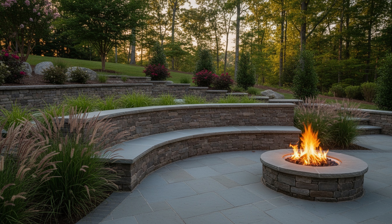 Natural stone retaining wall transitioning into a seat wall with bluestone cap along a patio edge, with cushions and a fire pit nearby