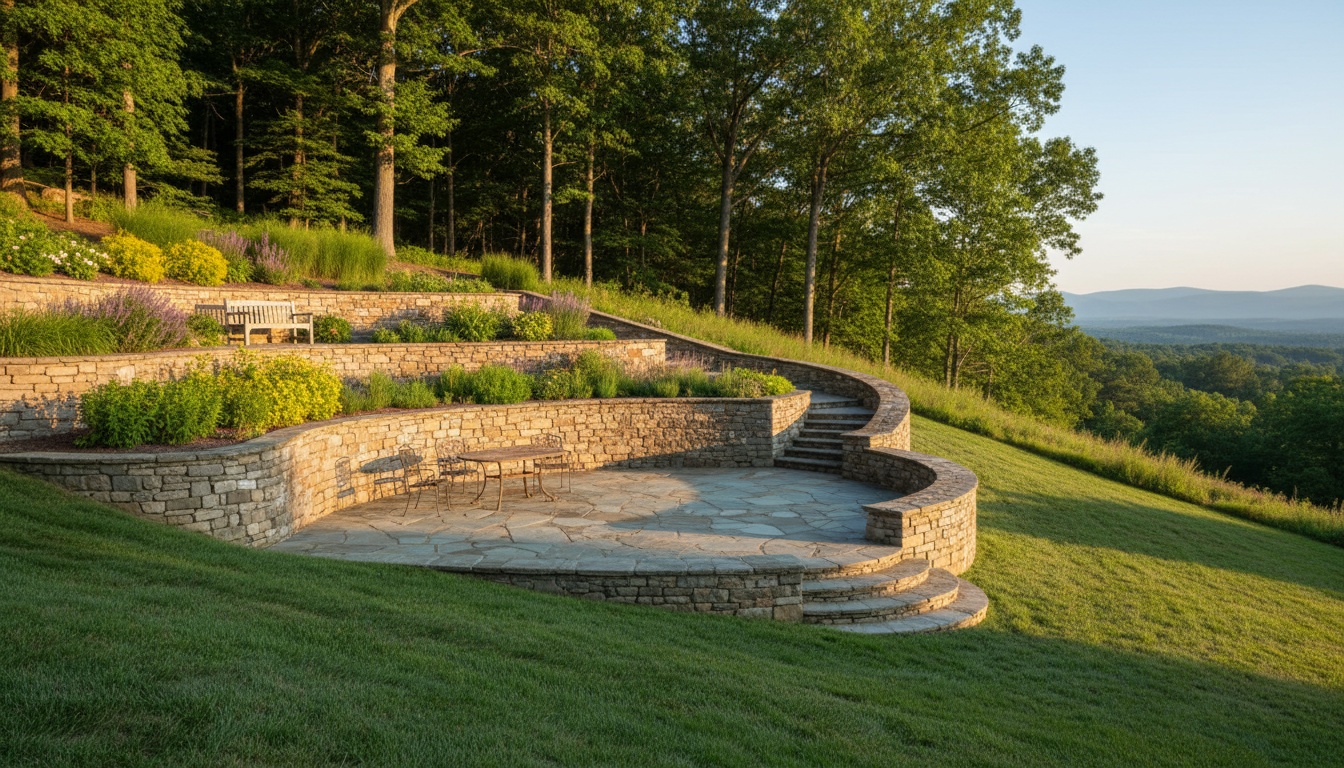 Series of terraced natural stone retaining walls stepping down a Virginia hillside with planted beds between each level and stone steps connecting terraces